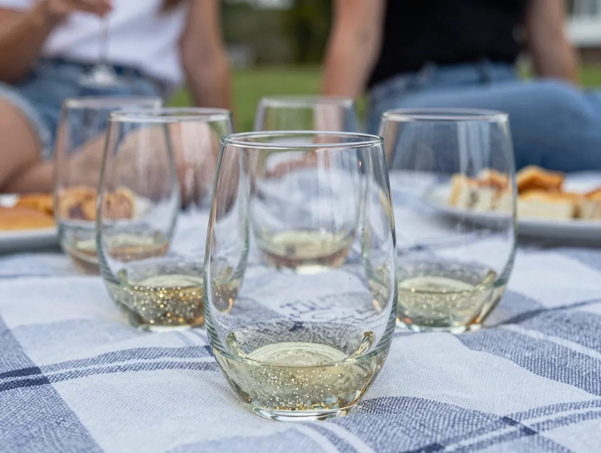 Stemless glitter wine glass at a casual outdoor picnic celebration