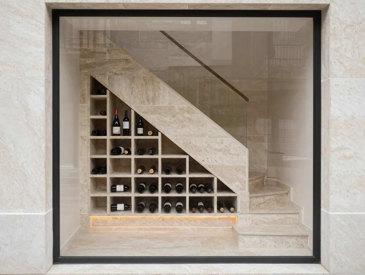 Triangular under stair cavity stone clad with custom fitted wine racks