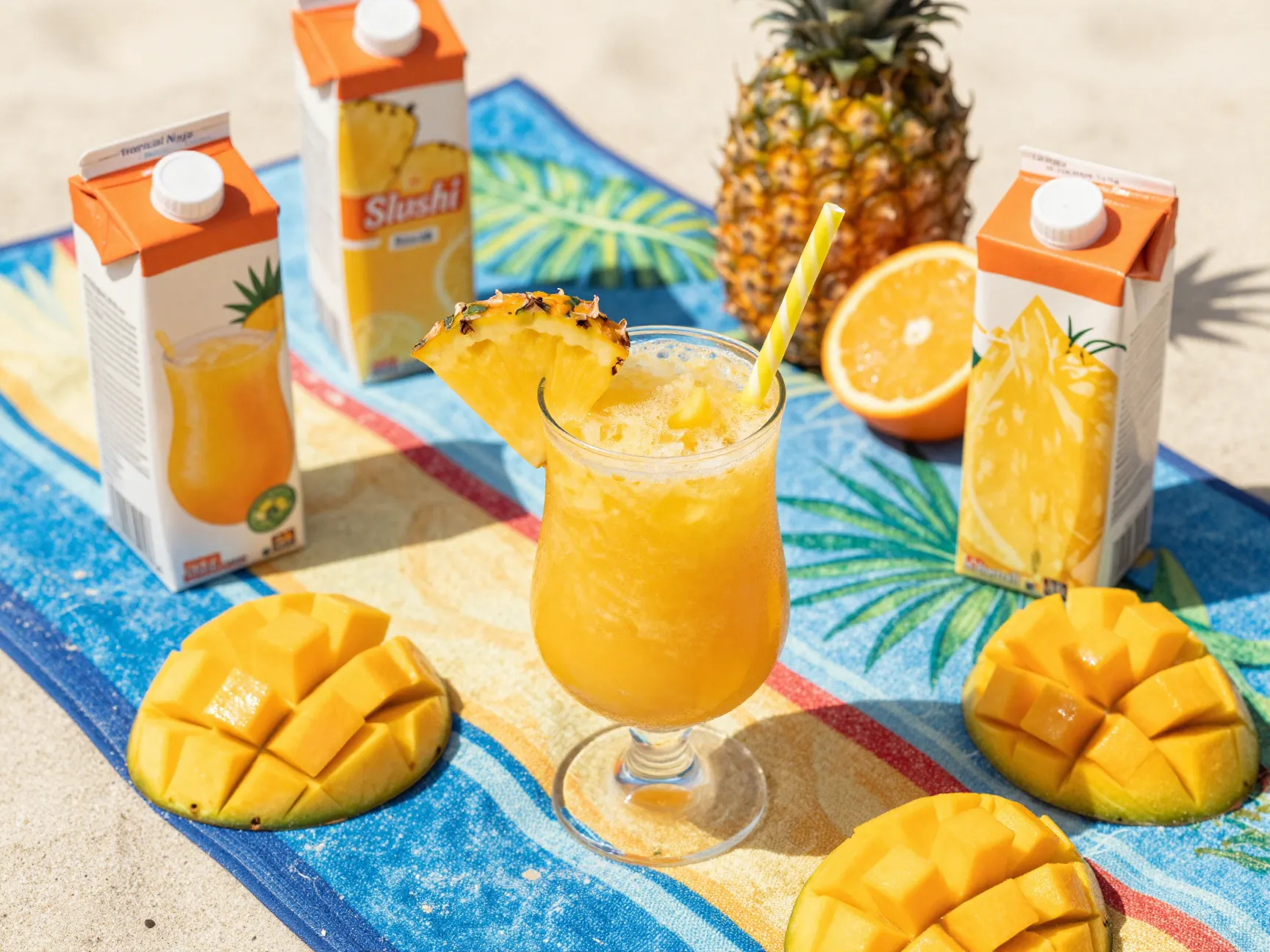 Tropical ninja slushi with pineapple and orange garnish