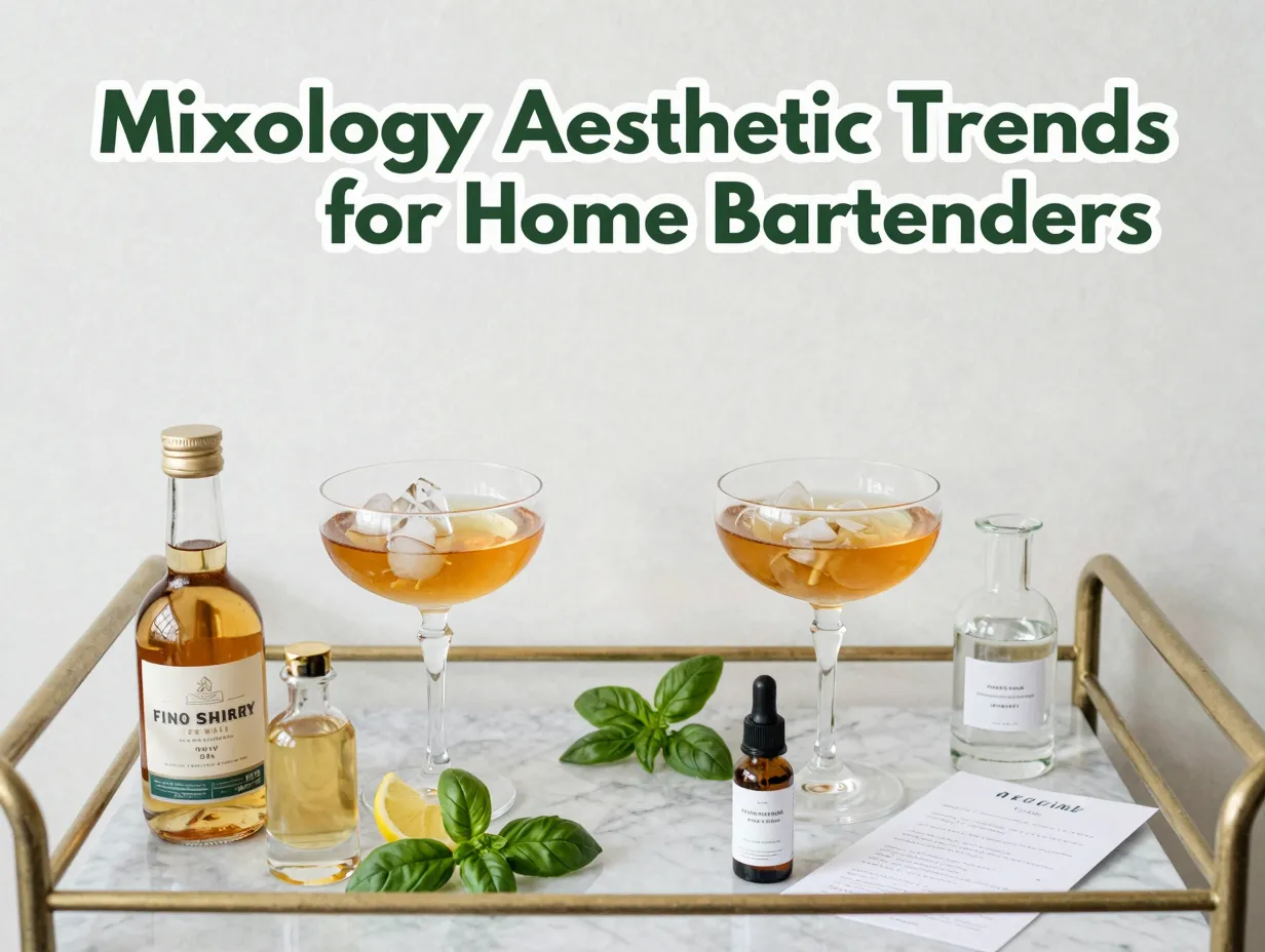 Clear ice coupe sherry kombucha herbs minimalist home bar flatlay