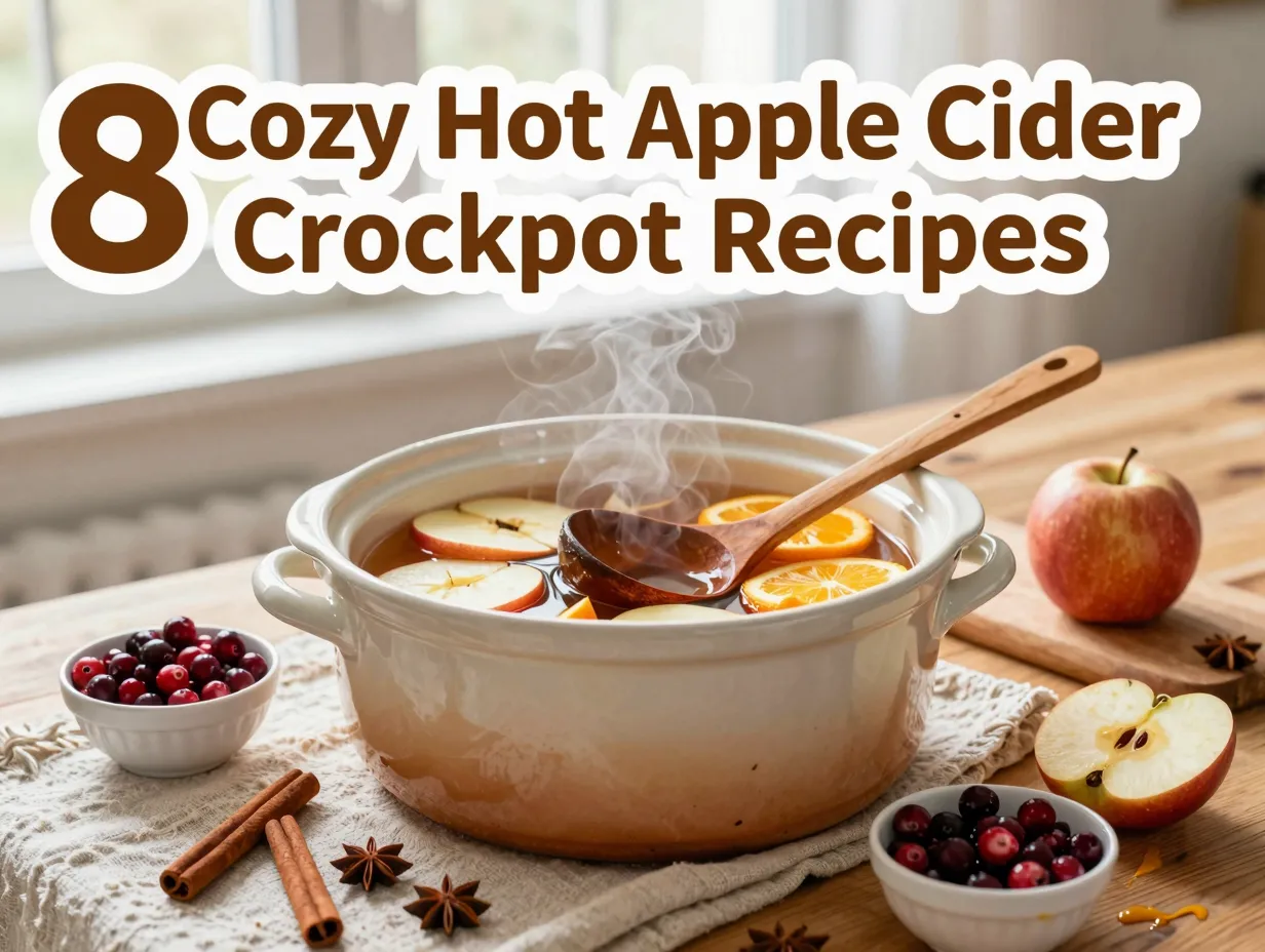 Cozy autumn crockpot cider garnish station wooden table overhead