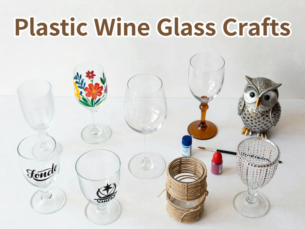 Eight transformed plastic wine glasses craft flat lay