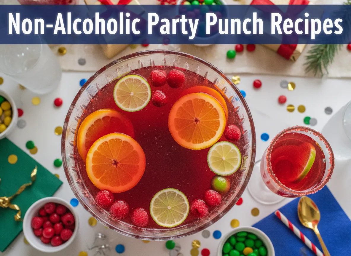 Flat lay vibrant punch bowl with fruit in red glasses on table