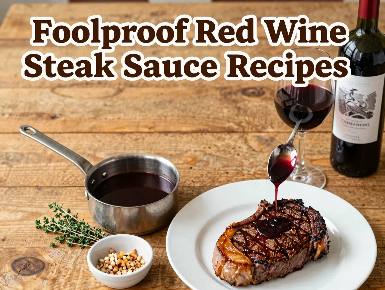 Glossy red wine sauce drizzled over seared steak on wooden table
