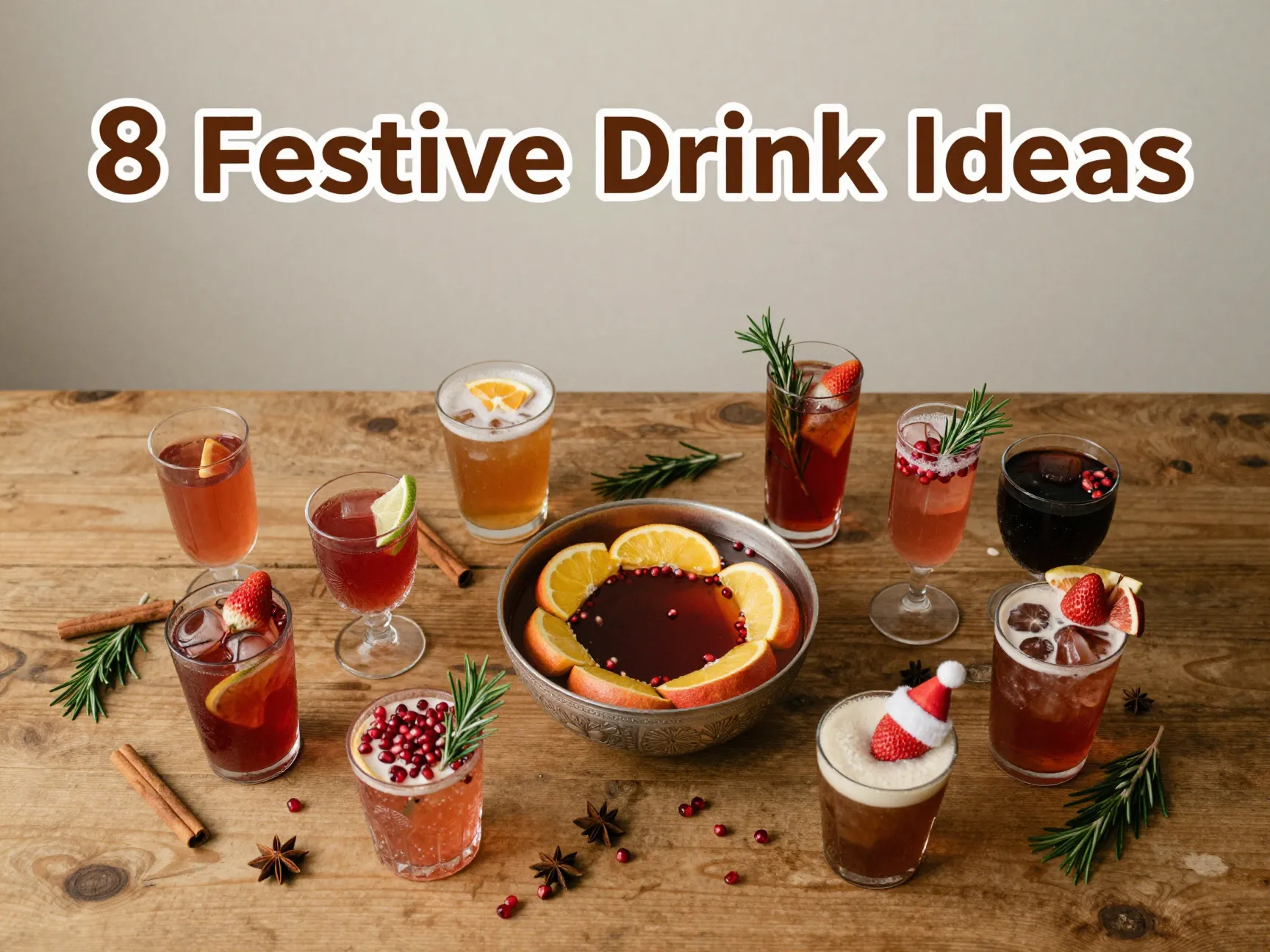 Holiday drink station with punch bowl garnishes glasses and fruit ice ring