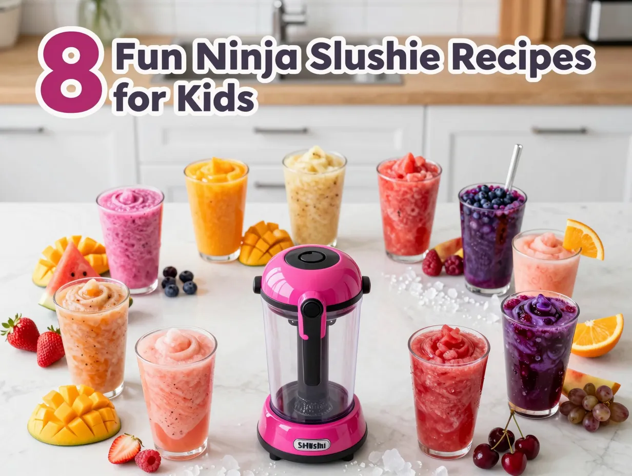 Ninja slushi twist eight colorful fresh fruit slushie cups on counter