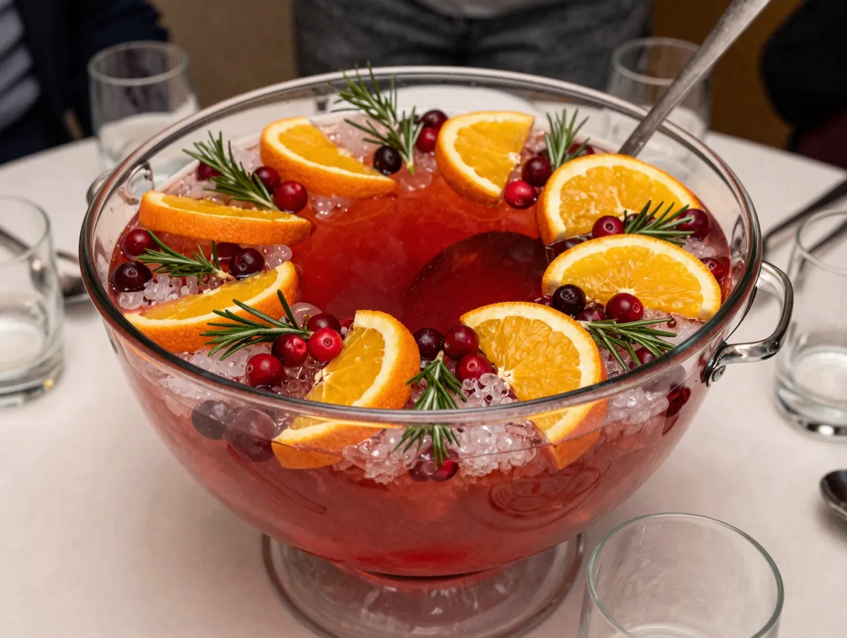 Christmas punch bowl with fruit ring garnish festive holiday party