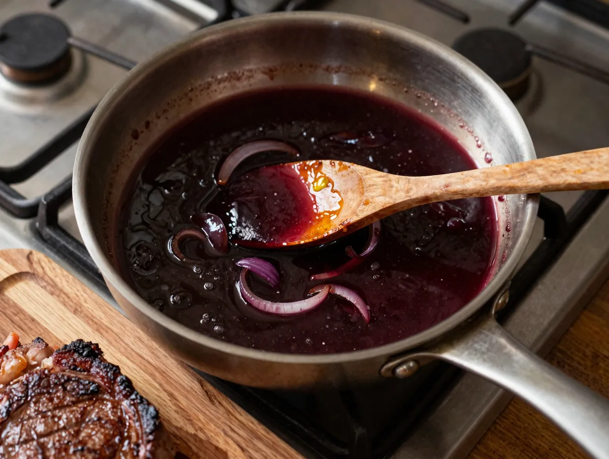 Classic red wine pan sauce in a skillet on the stovetop
