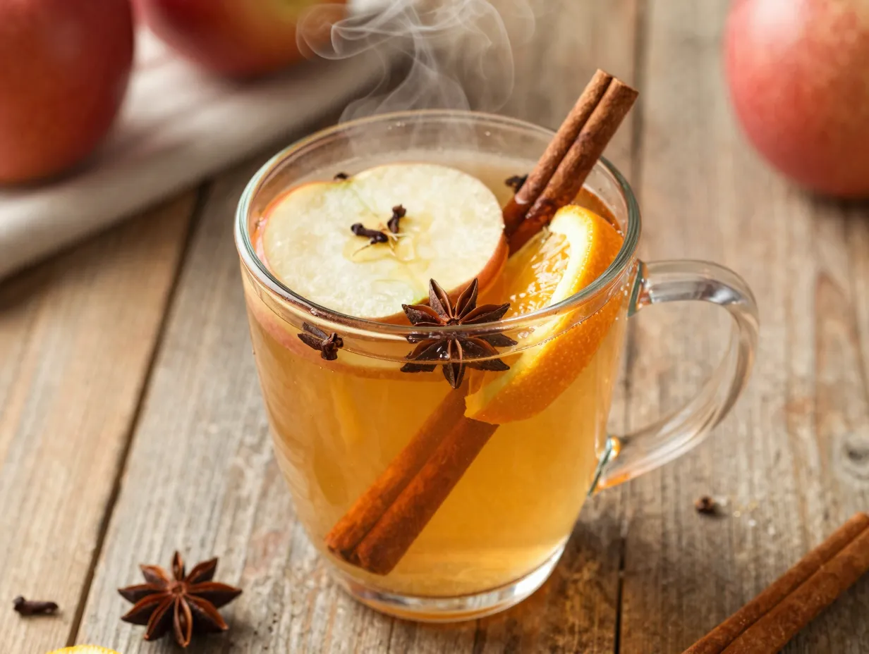 Classic spiced apple cider mug garnished with fruit and cinnamon