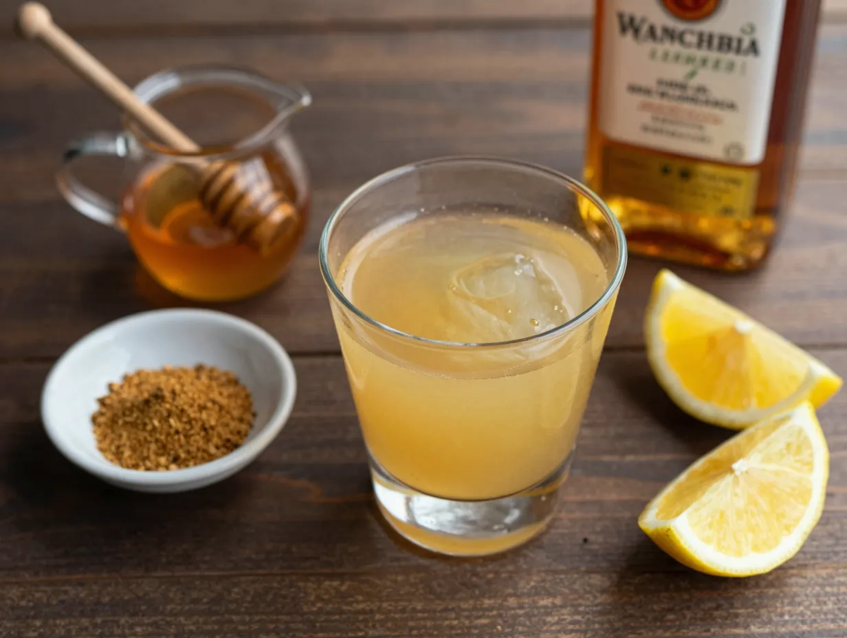 Golden ashwagandha whiskey sour with honey and citrus