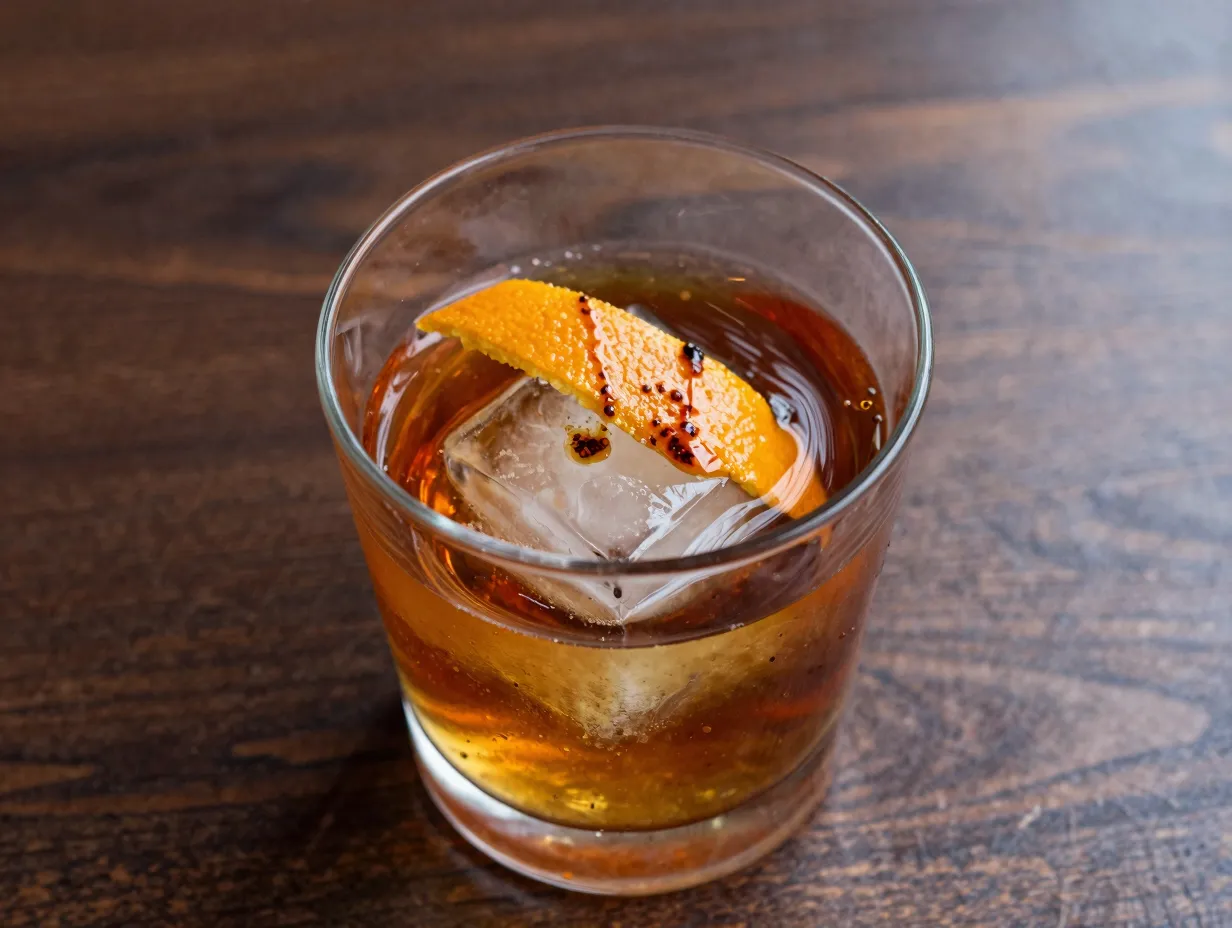 Large ice cube bourbon old fashioned cocktail