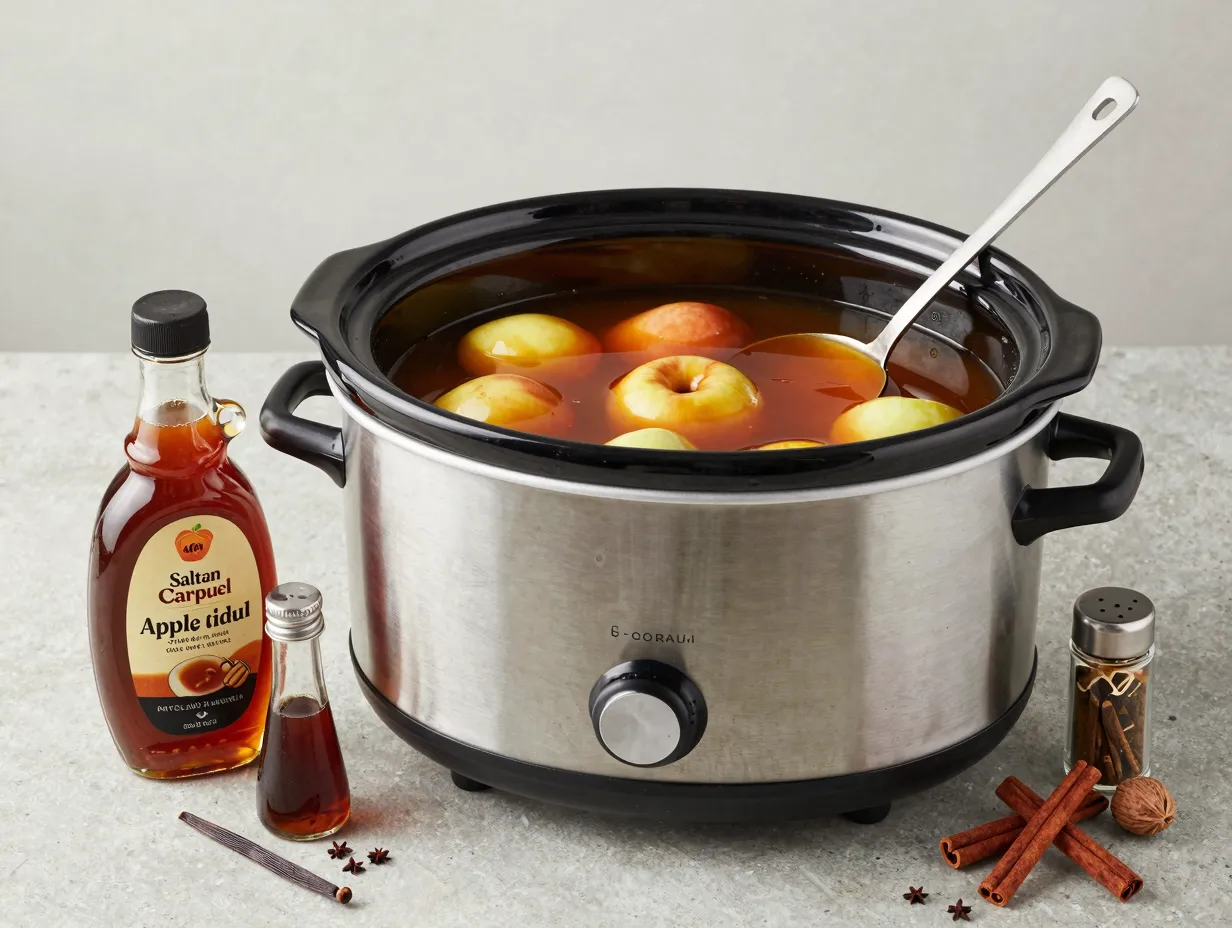 Caramel apple cider crockpot with syrup and vanilla garnish