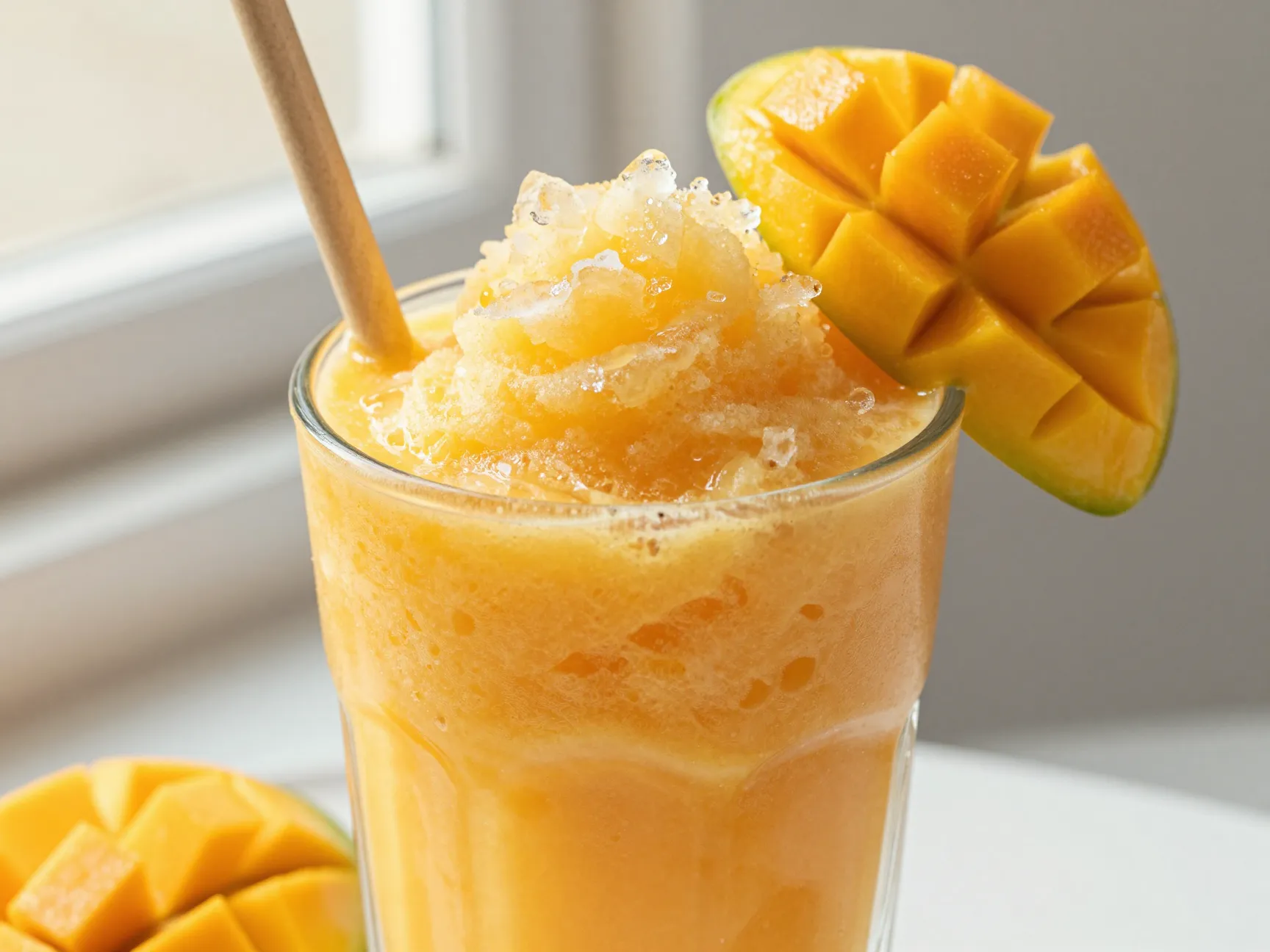 Coral golden orange mango sunshine slushie with fresh mango slice garnish