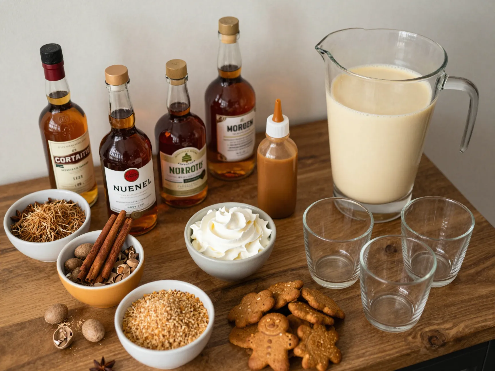 Customizable eggnog bar setup with toppings and spirits holiday station