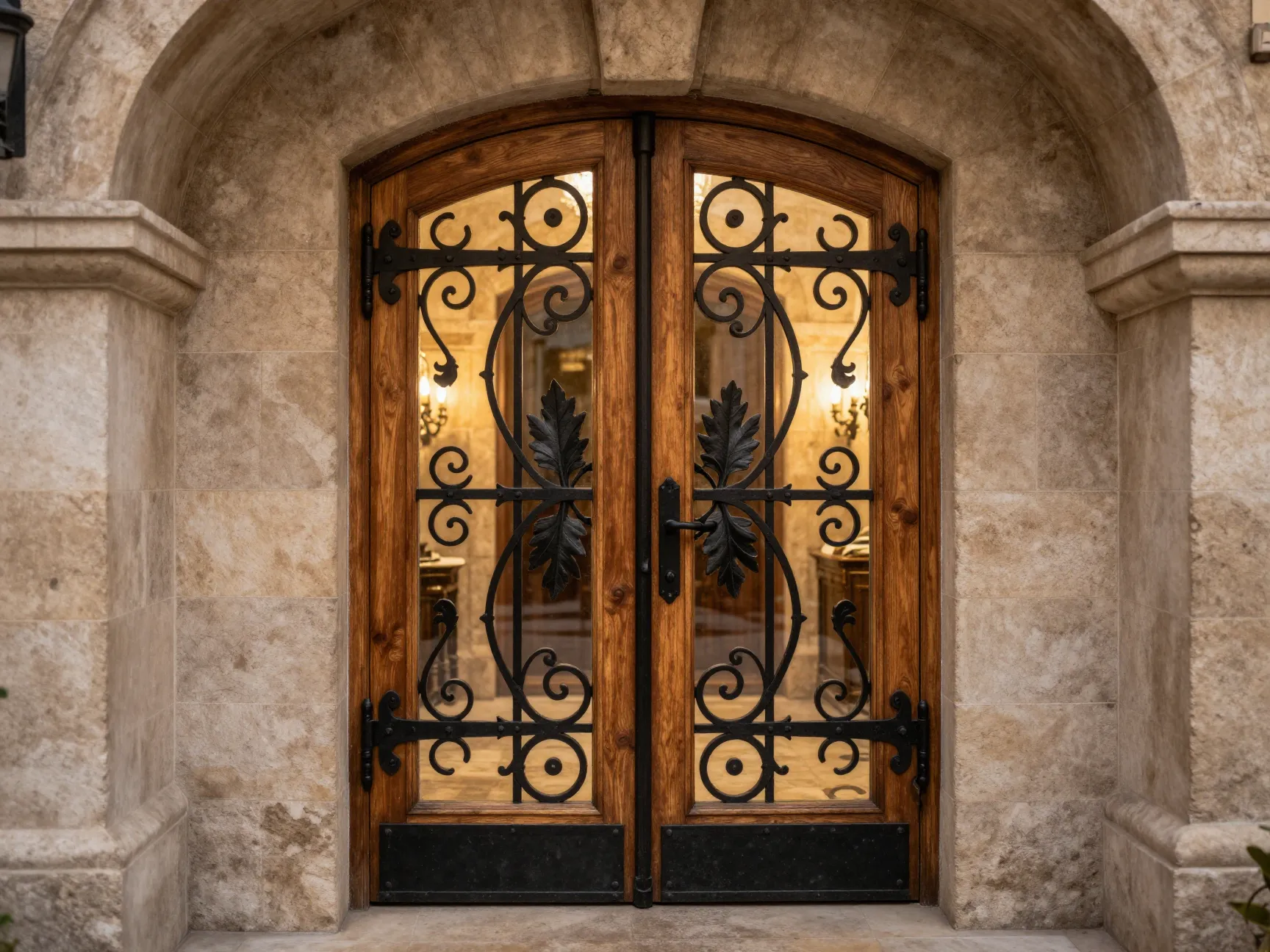 Embassy style cellar door with forged iron and glass inserts in a stone vaulted cellar