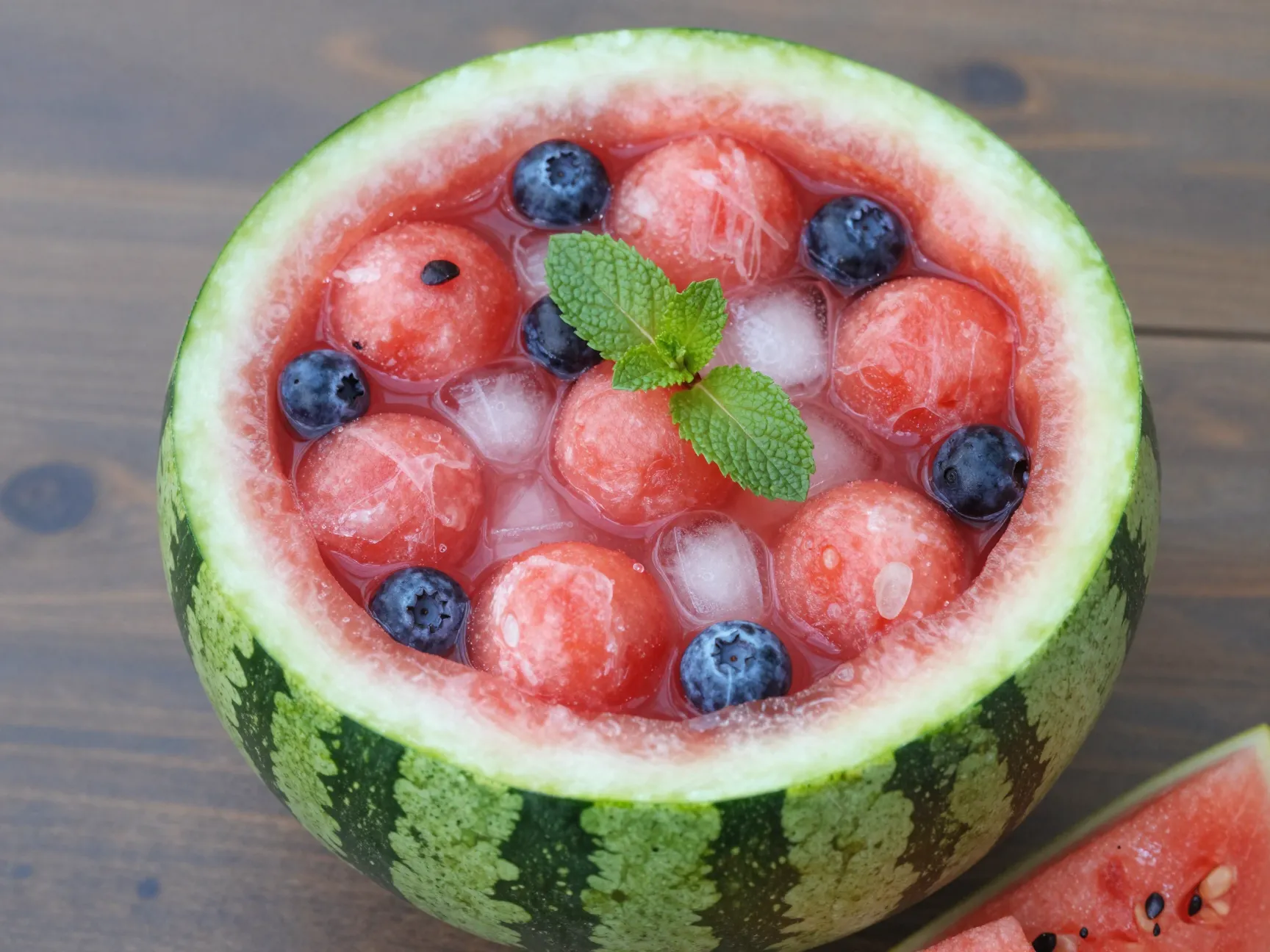 Hwachae watermelon punch served in a hollowed out fruit shell