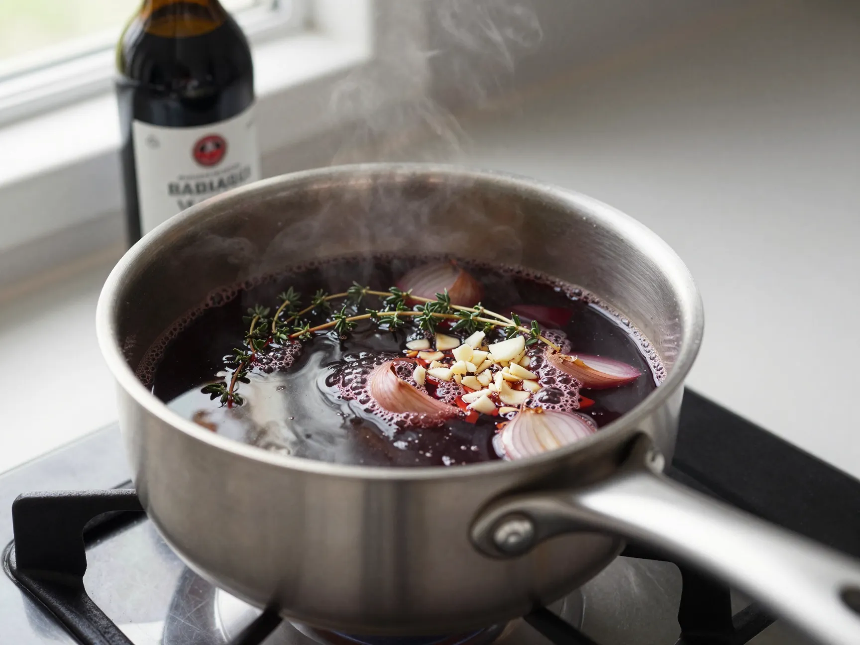 Reducing red wine with aromatics in a small saucepan