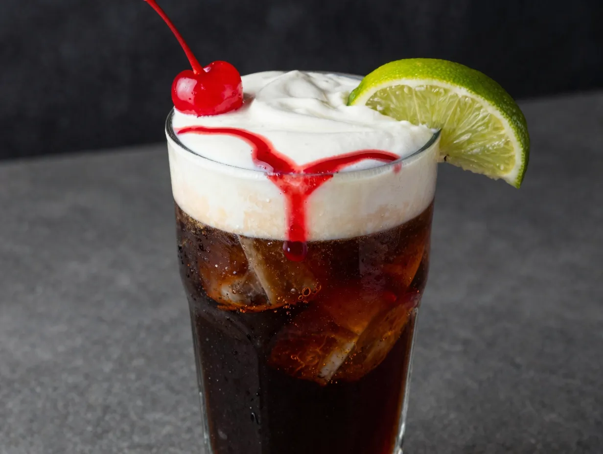 Cherry vanilla coke layered cream lime wedge maraschino