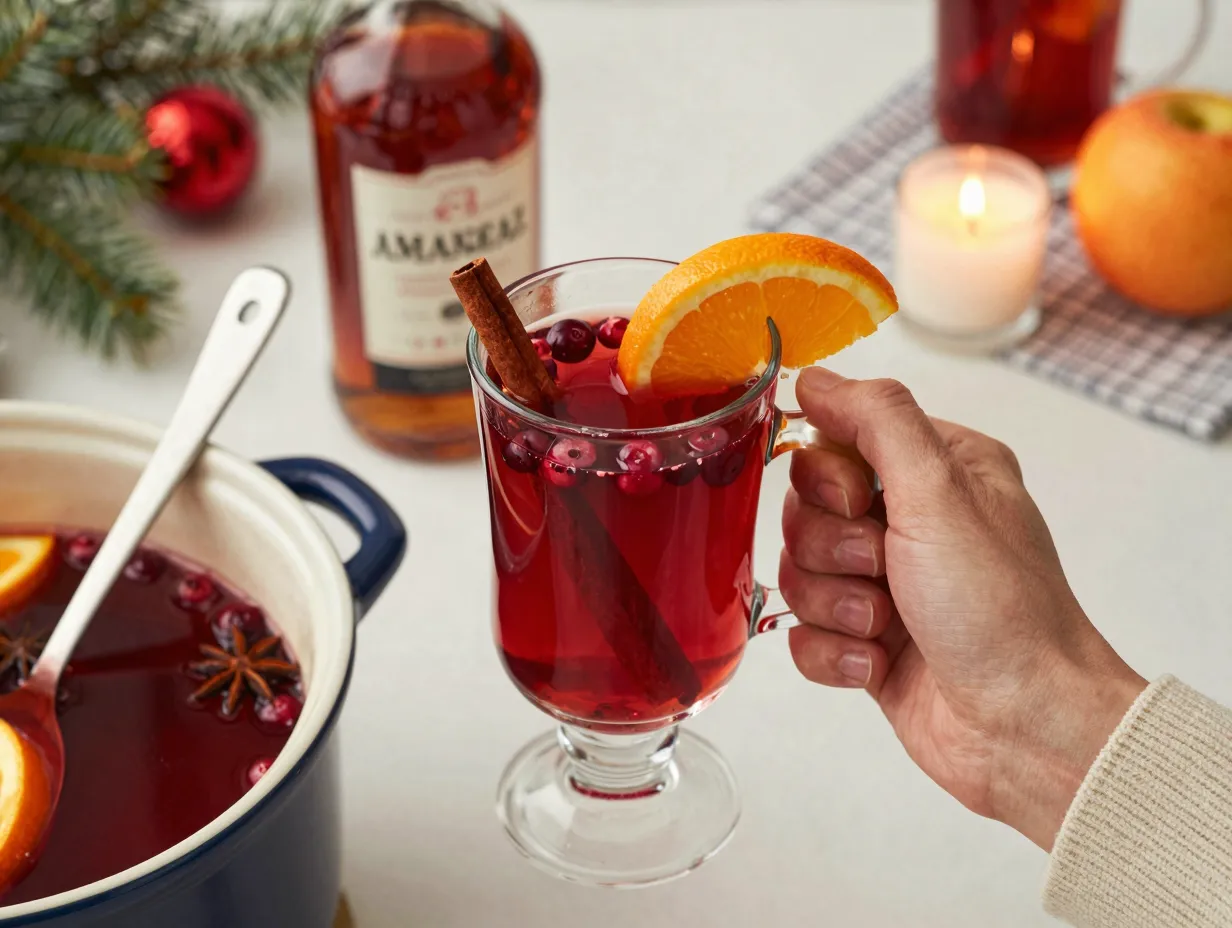 Cranberry mulled apple cider in ruby red glass mug with garnish