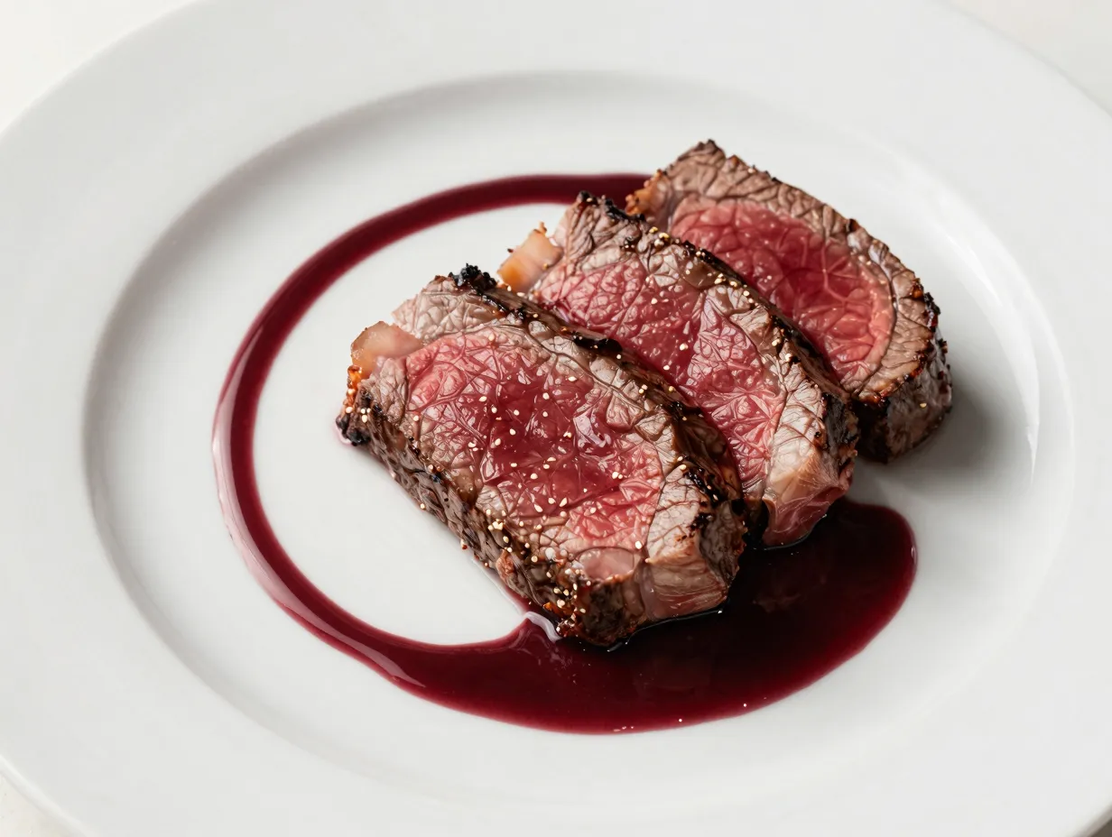 Finished red wine jus elegantly pooled around sliced steak