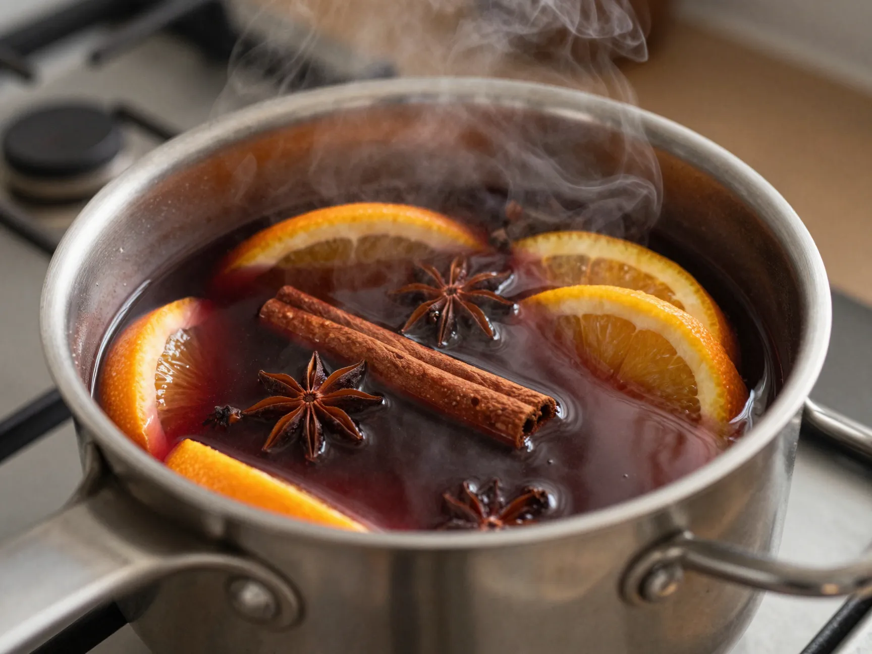 Mulled wine simmering in saucepan with spices orange peel cozy