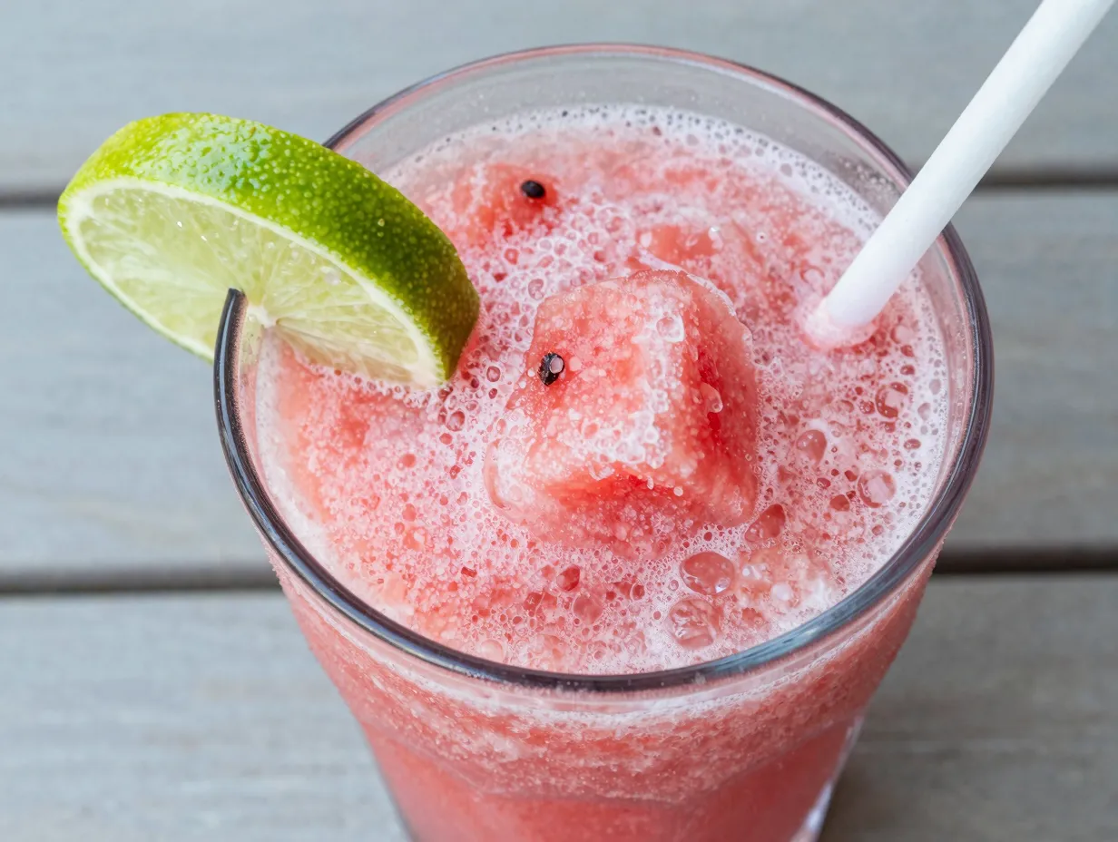 Watermelon cooler slushie in frosty glass with lime wedge