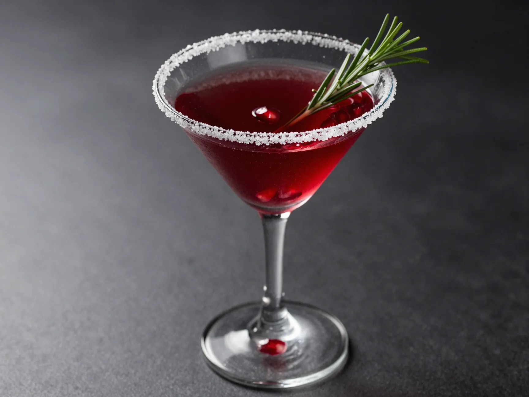 Chilled pomegranate martini in sugar rimmed glass rosemary garnish