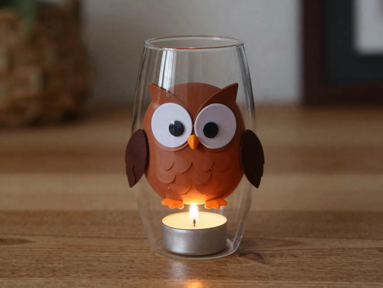 Cute owl themed plastic wine glass candle holder with tea light
