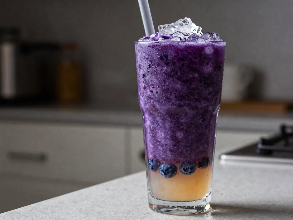 Deep violet blueberry lemonade slushie in a tall clear cup