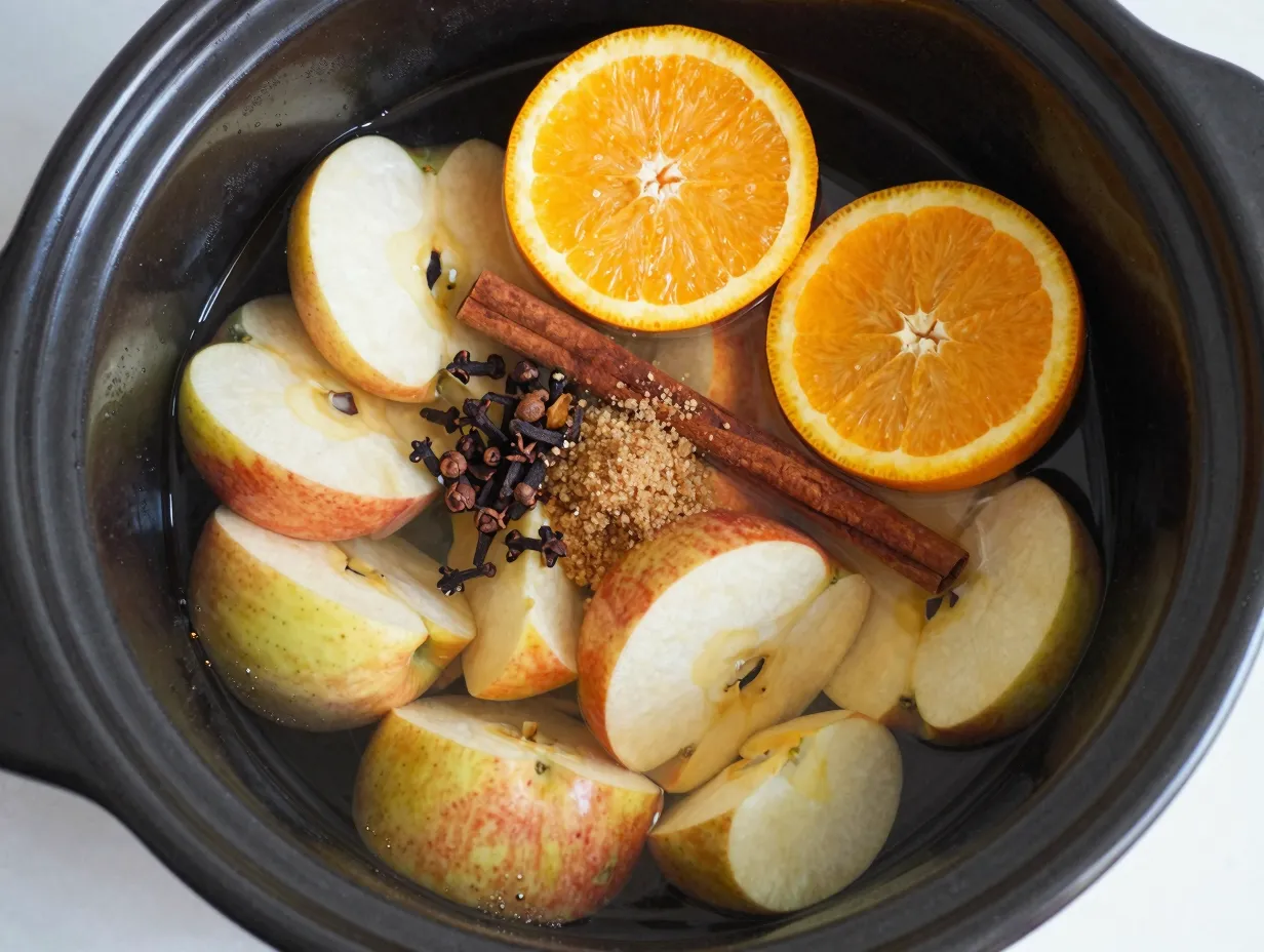 Homemade apple cider from scratch fruit and spices in crockpot
