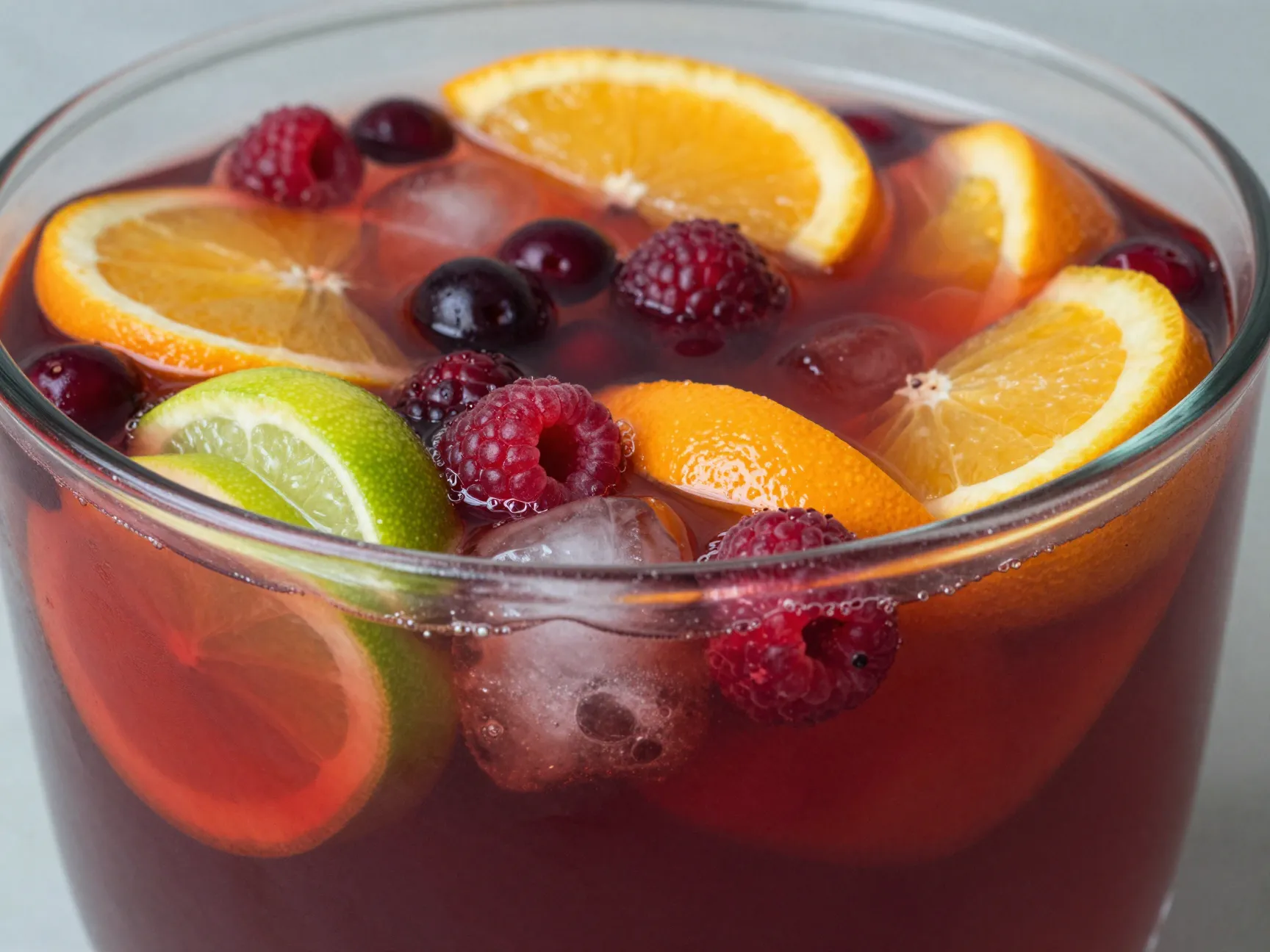 Non alcoholic sangria punch with ruby red liquid and citrus fruits