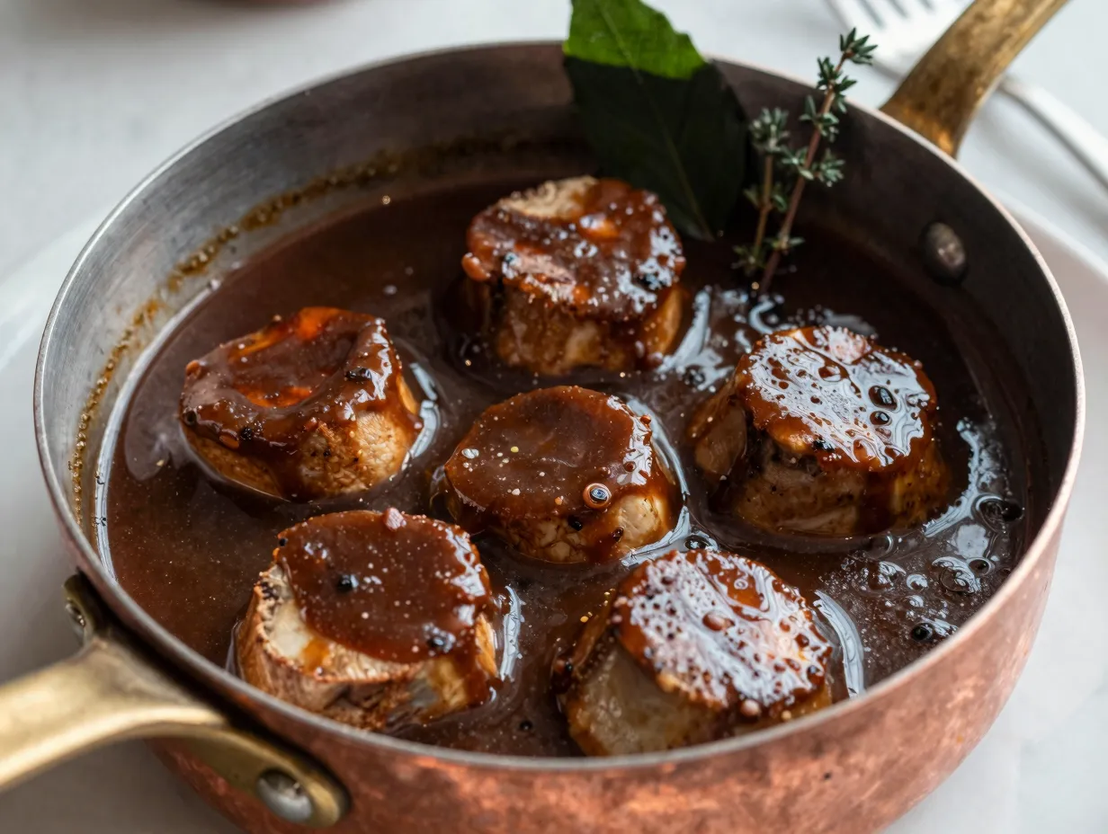 Rich bordelaise sauce with bone marrow in a copper pan