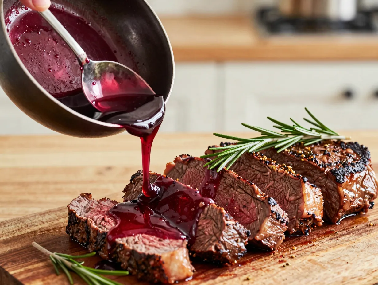 Buttery herbed red wine sauce drizzled over steak slices