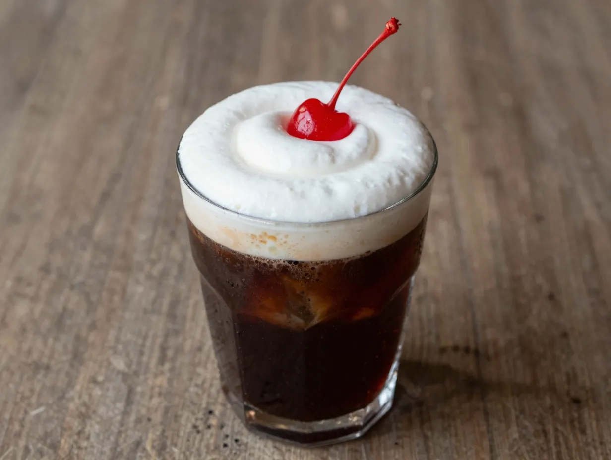 Chocolate cream coke glass dark syrup maraschino cherry