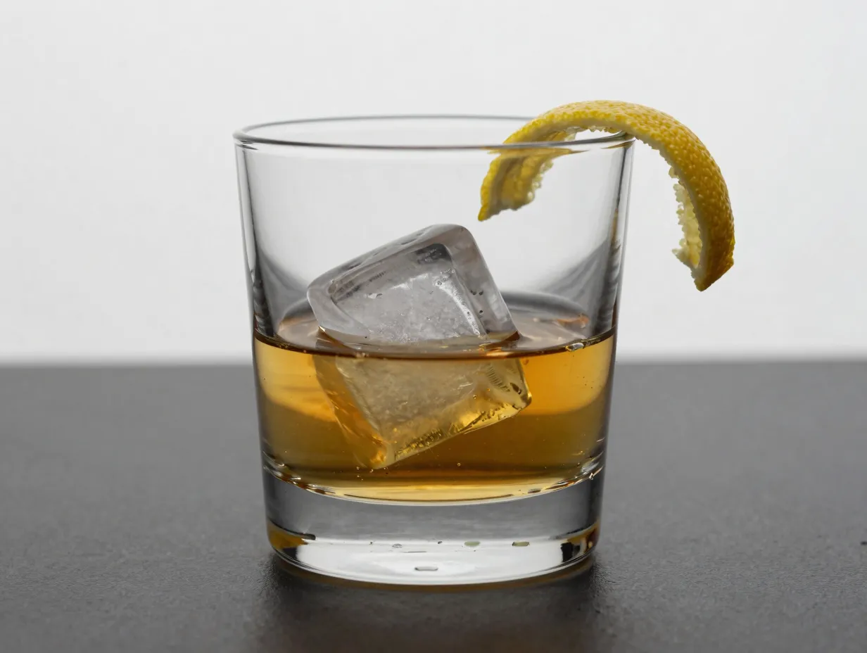 Minimalist whiskey glass with clear ice spear on dark surface