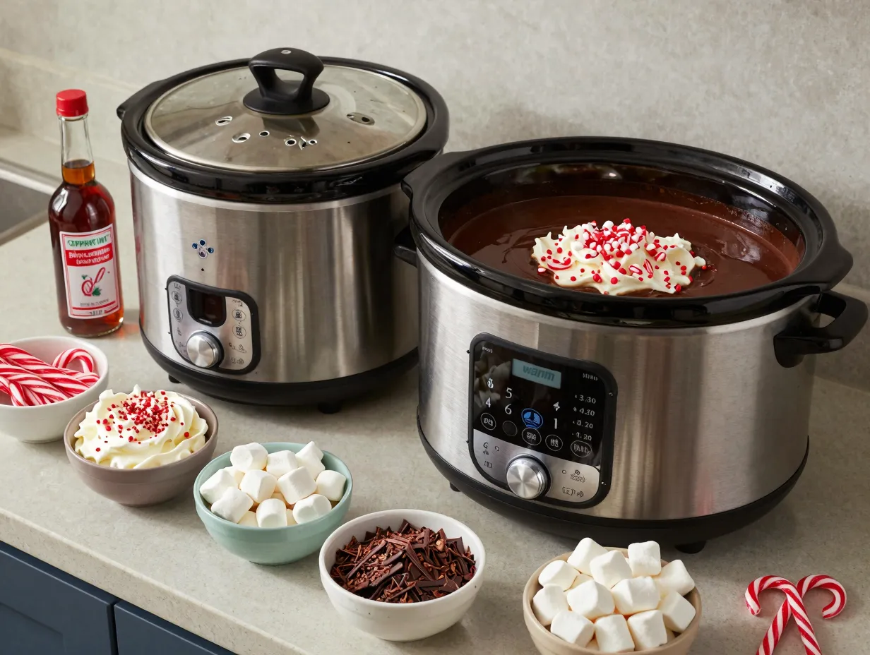 Peppermint hot chocolate slow cooker with garnish station warm