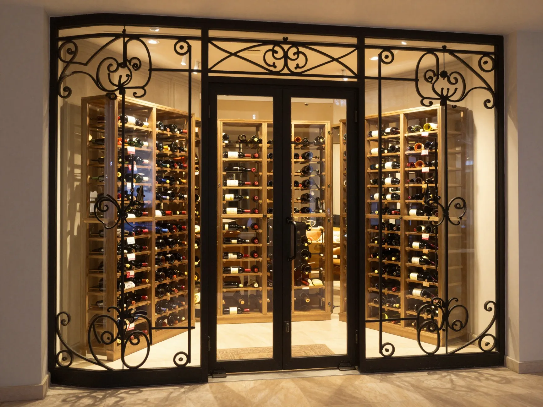 Vienna full length glass and hand crafted iron wine cellar door