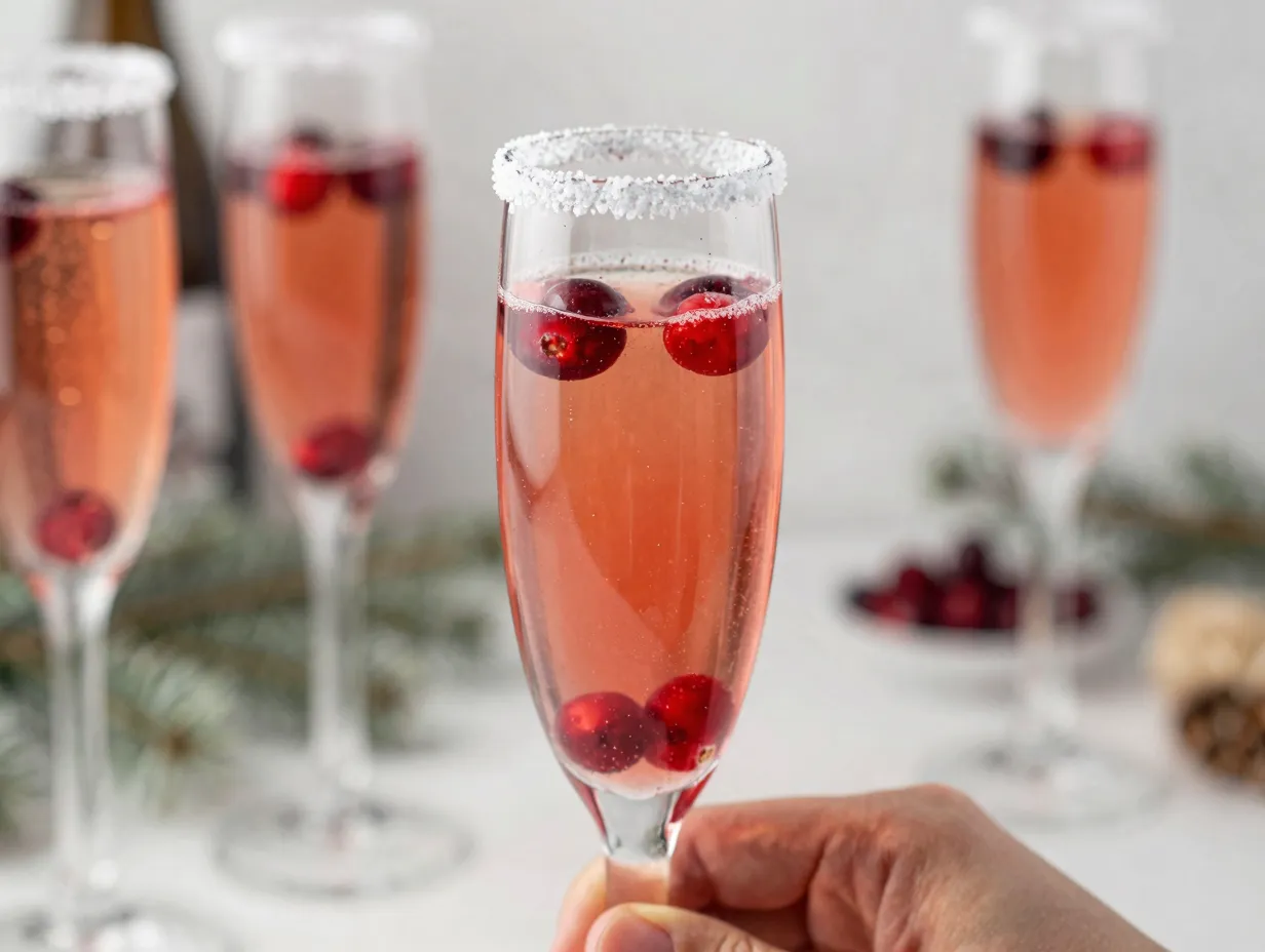 Cranberry mimosa champagne flute with sugared rim cranberries