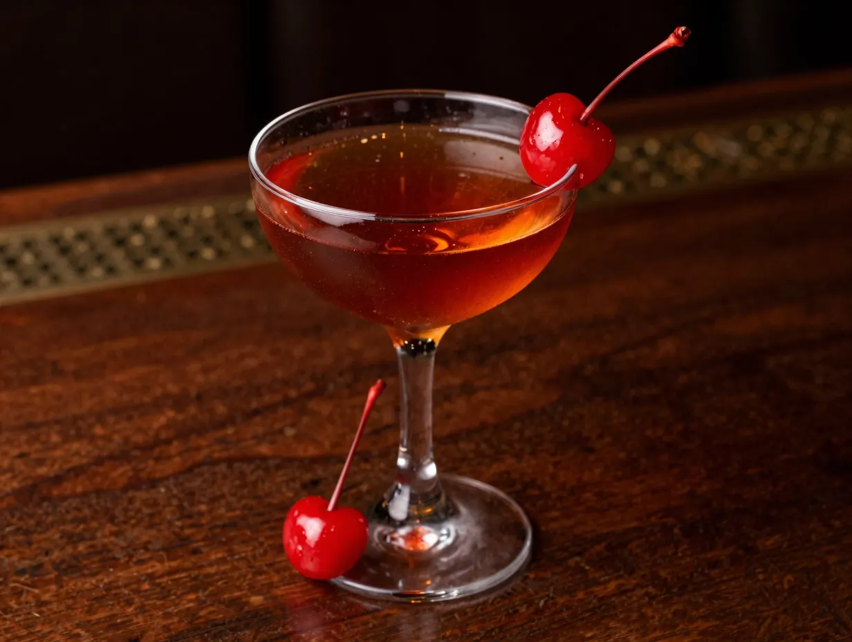 Luxardo cherry garnished manhattan cocktail