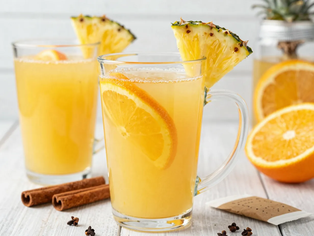 Mulled cider with pineapple orange juice in glass mug garnished