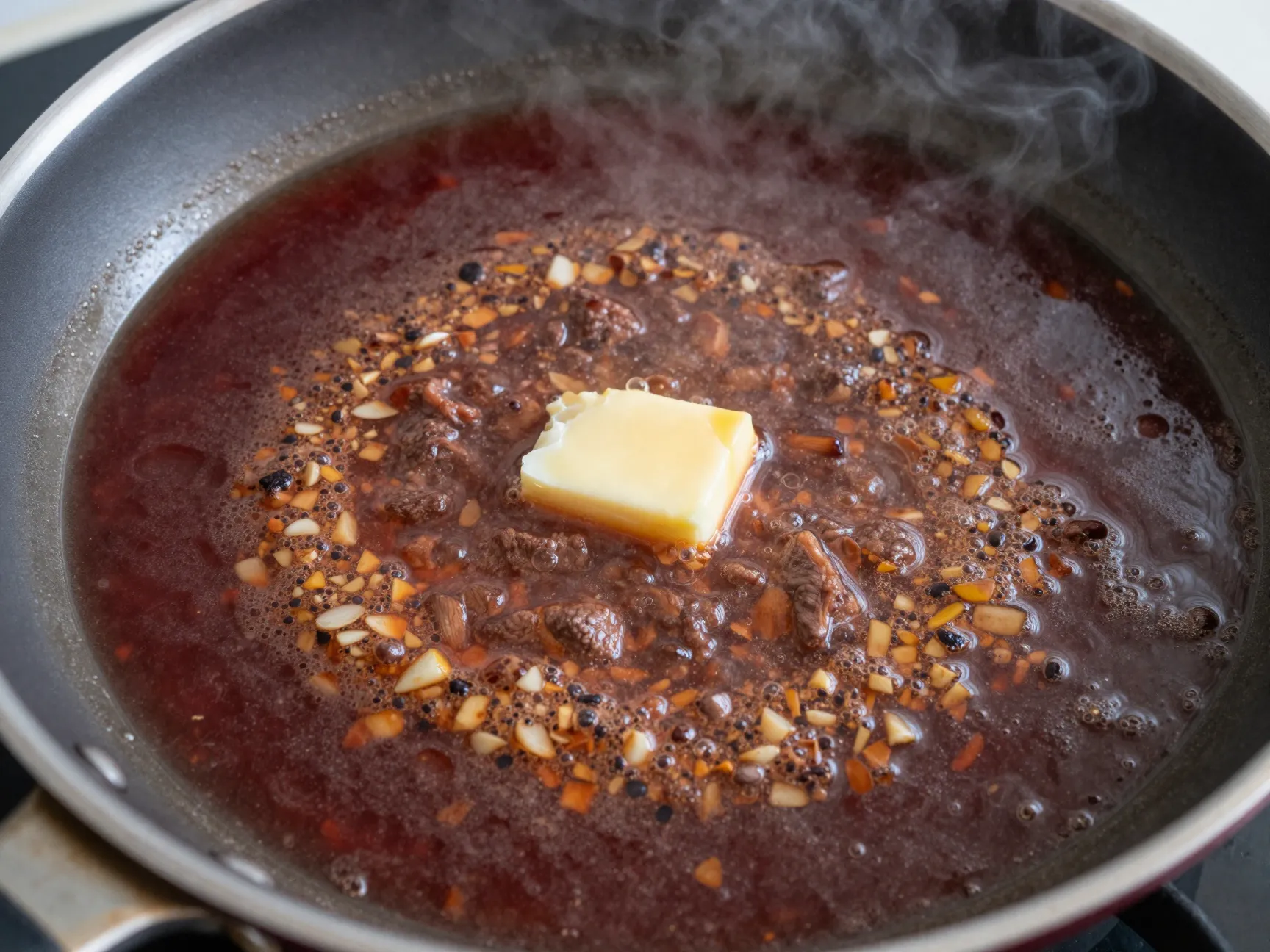 Simple garlic red wine sauce simmering in a pan