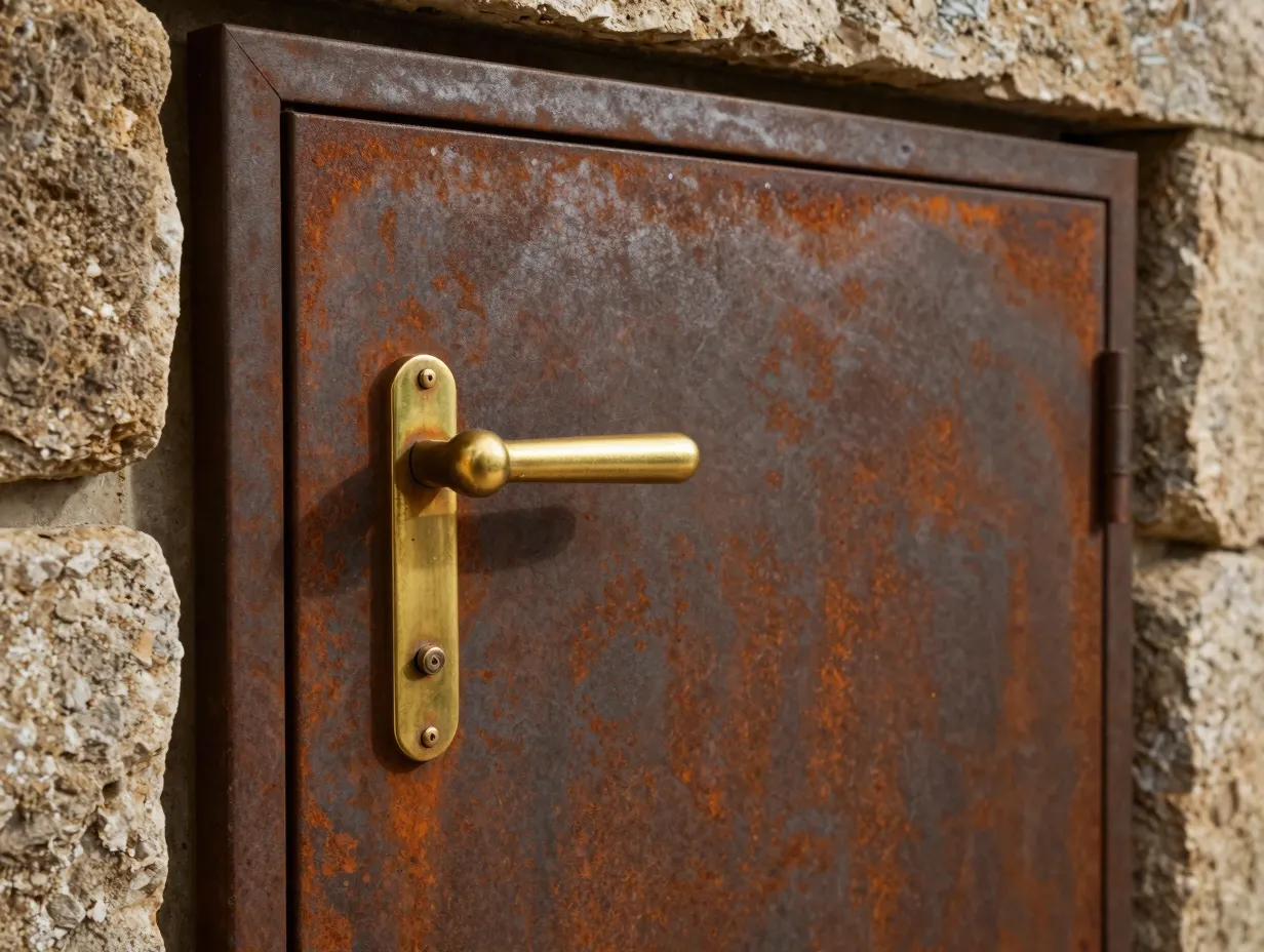 Insulated metal cellar door with corten steel finish and aged brass hardware