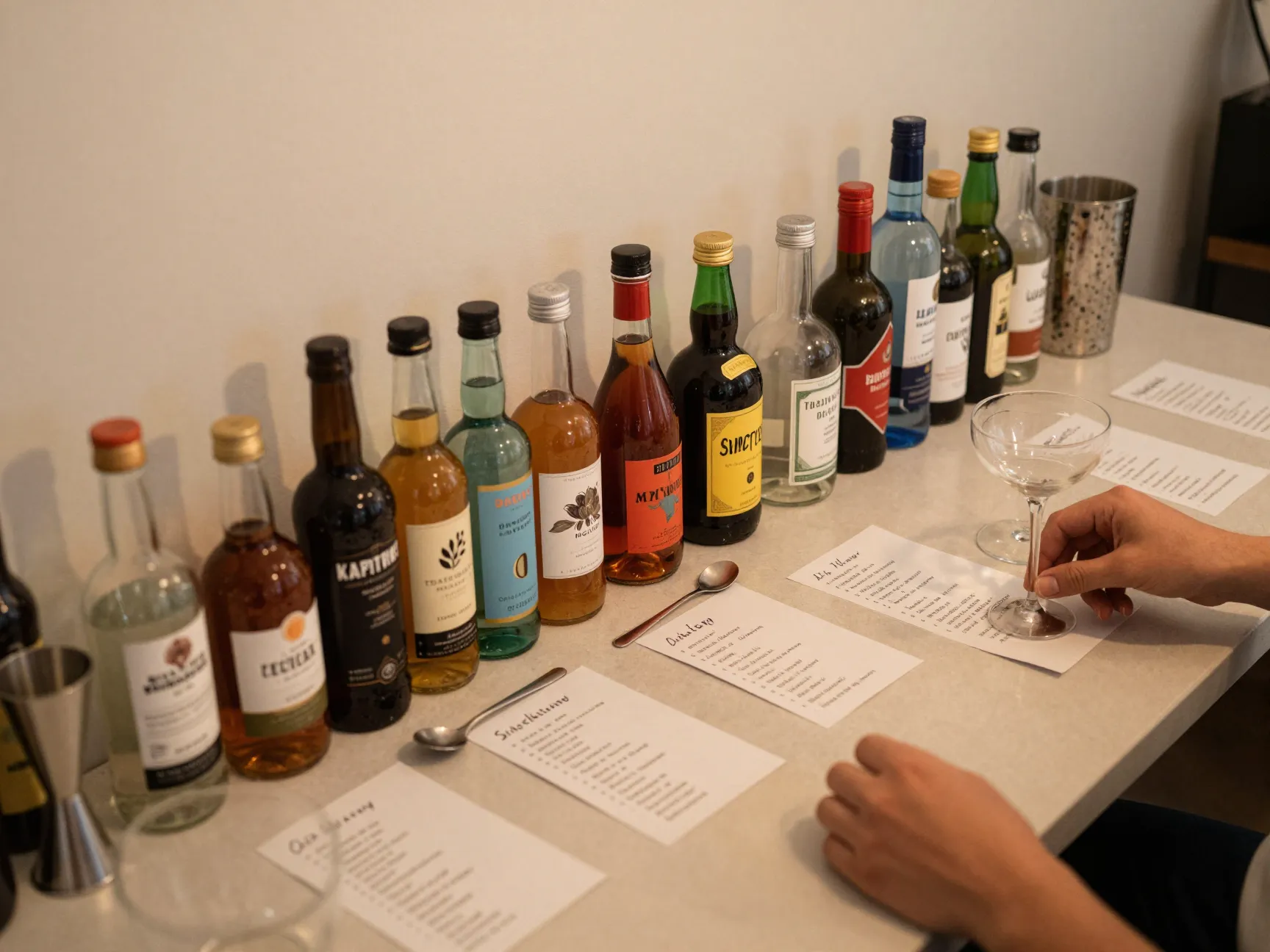 Interactive diy cocktail station with labeled bottles and cards