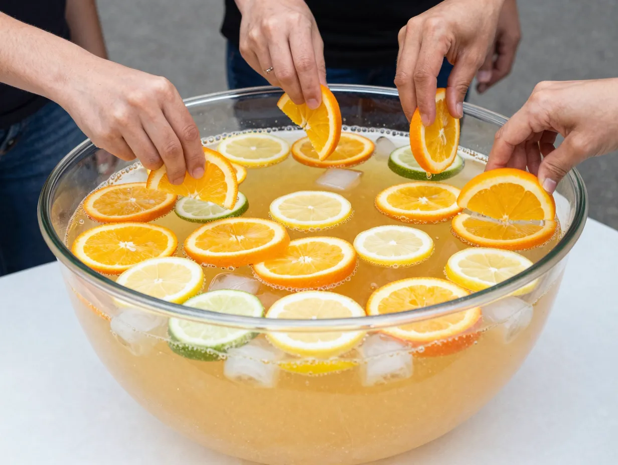 Non alcoholic players punch with citrus slices floating on surface
