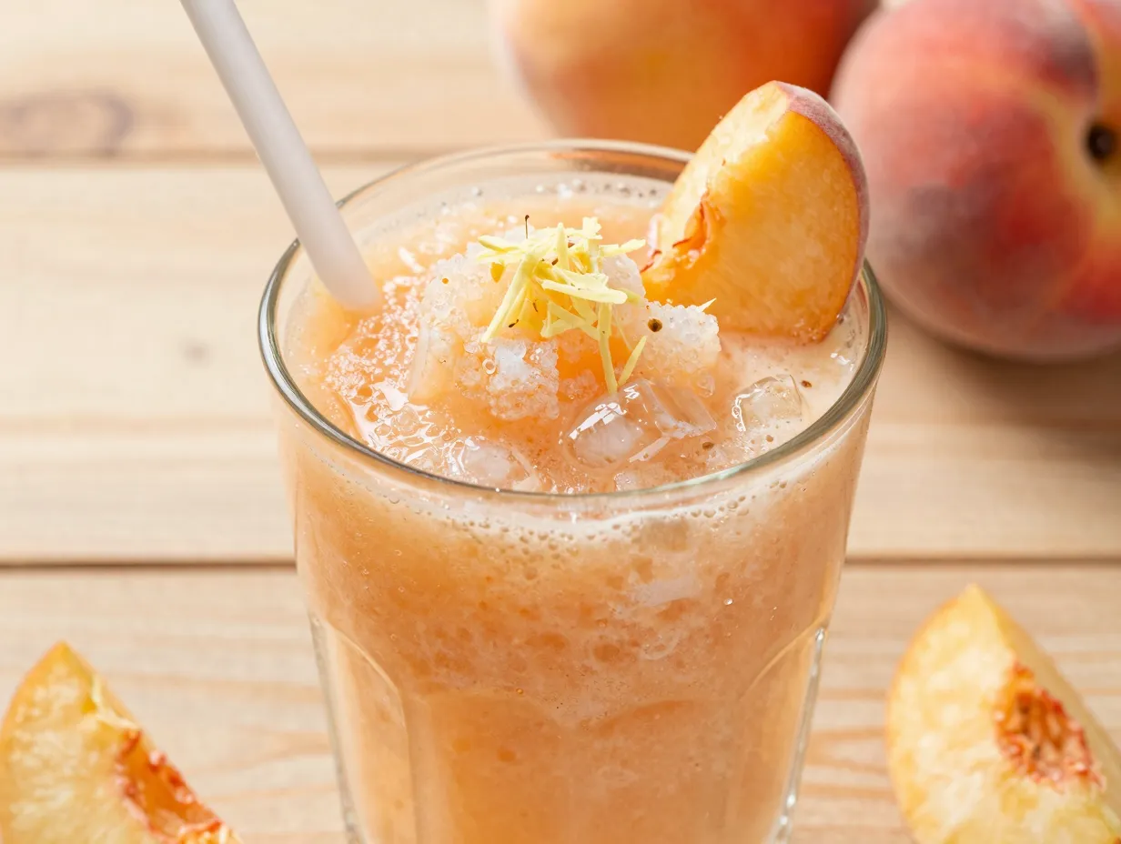 Peach ginger slushie with grated ginger and frozen peach slices