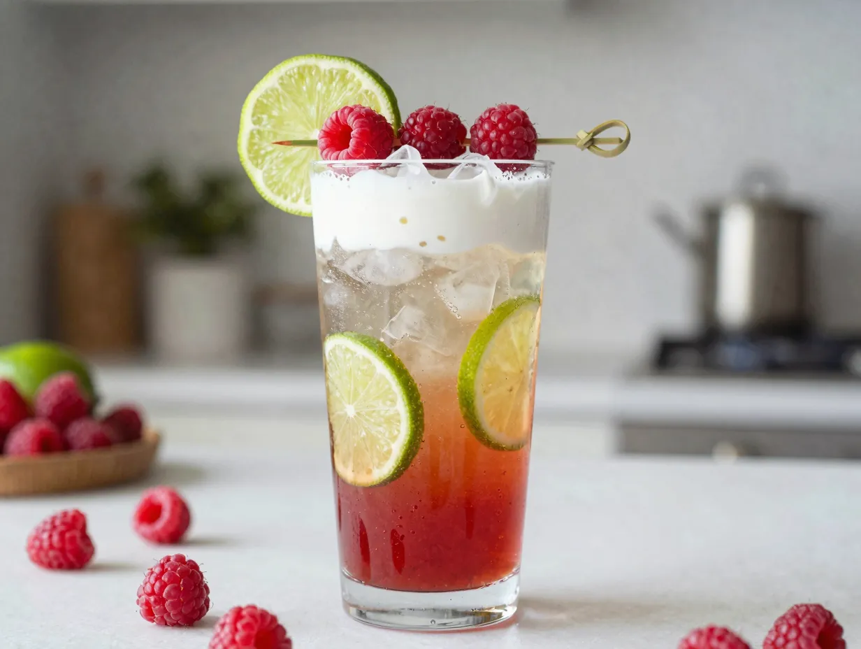 Raspberry lime coke fresh raspberries lime wheel garnish