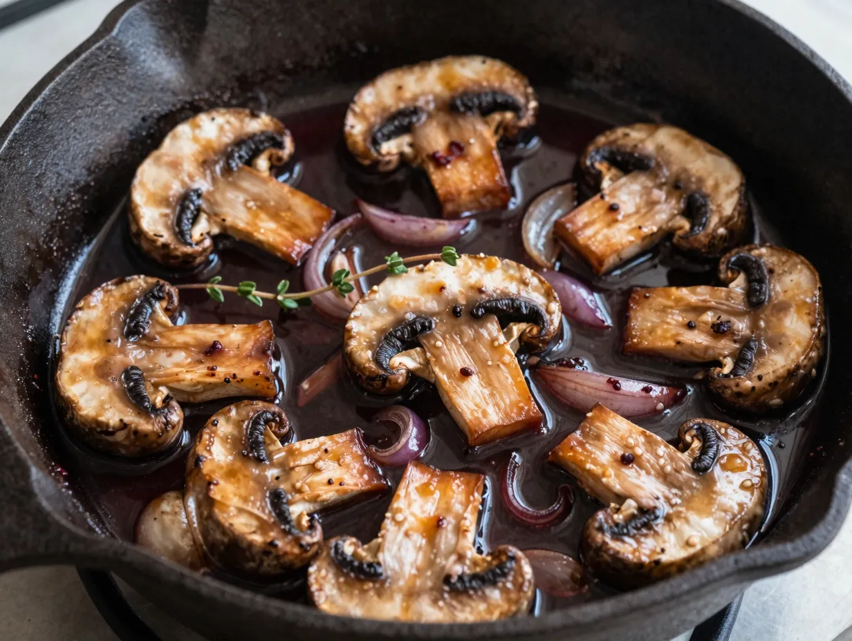 Red wine and mushroom sauce with golden brown cremini