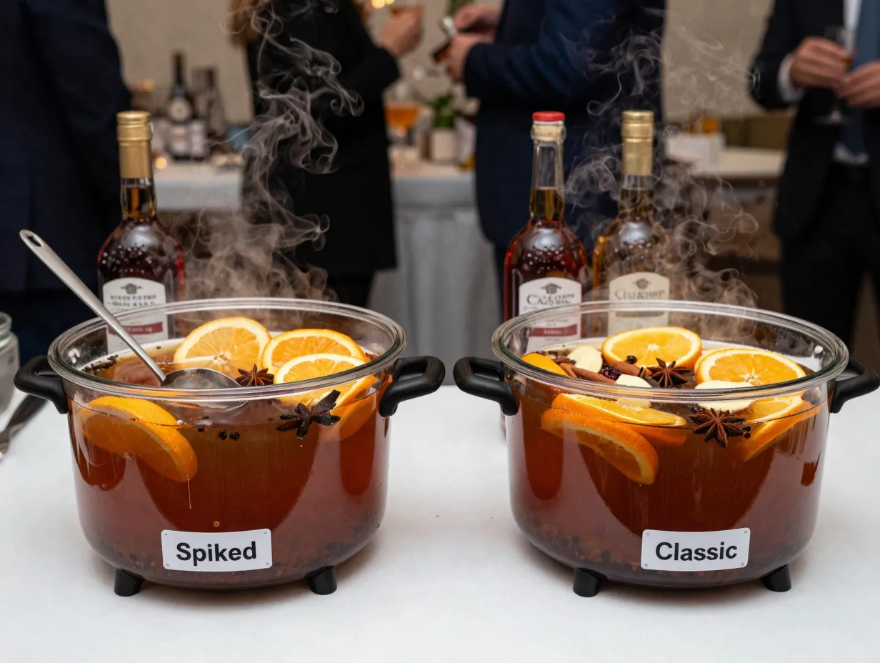Spiked apple cider with brandy triple sec garnish and ladle