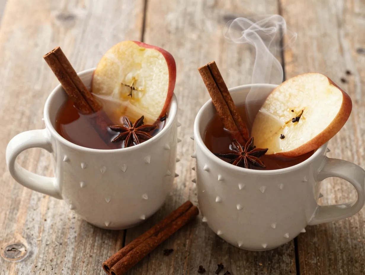 Spiked hot apple cider mugs cinnamon stick apple slice garnish