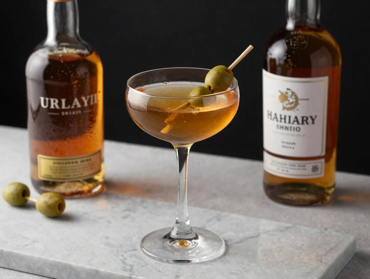 Amber bamboo cocktail with sherry vermouth in coupe glass